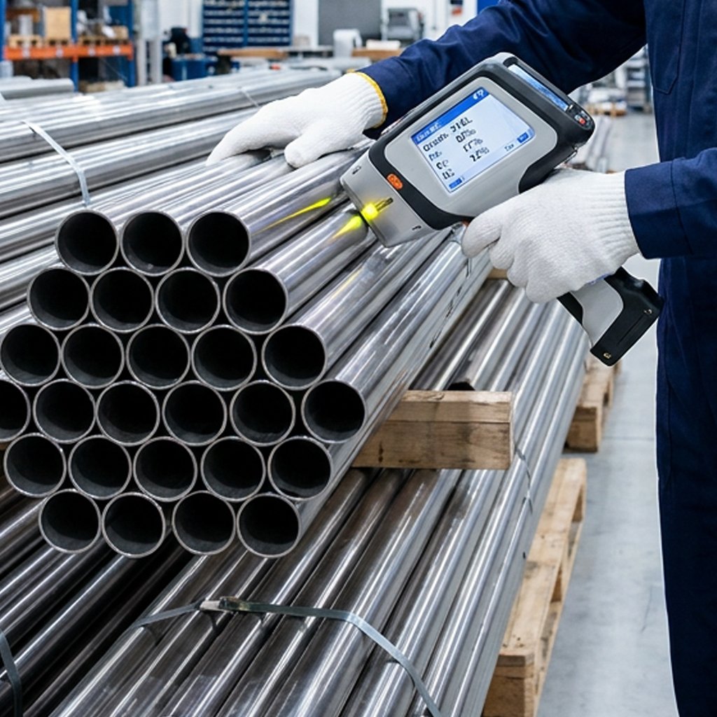 Incoming Quality Control (IQC) at Newestware: A professional inspector using a handheld XRF spectrometer to verify the 304/316 stainless steel grade of raw material pipes.