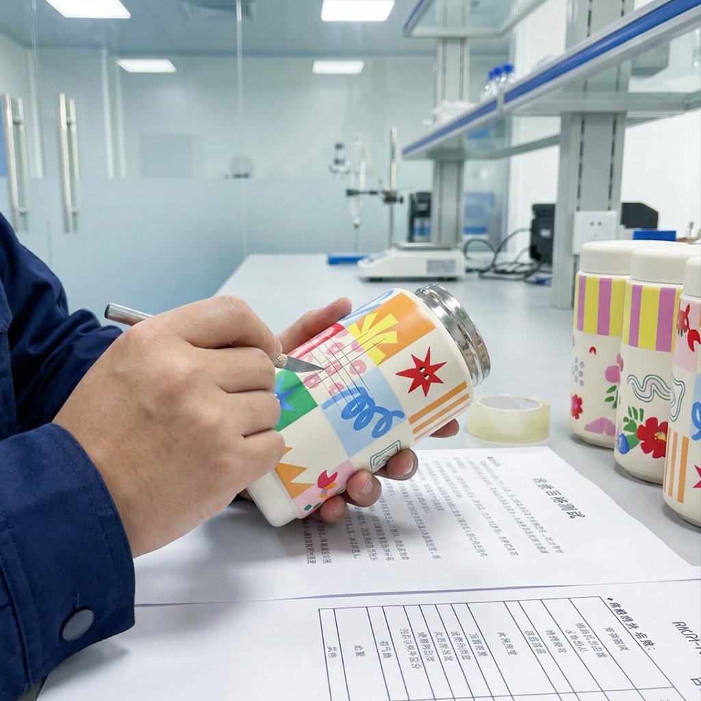 Final Quality Control (FQC) at Newestware: A professional inspector performing a cross-cut adhesion test to ensure the durability and longevity of the tumbler's surface coating and custom prints.