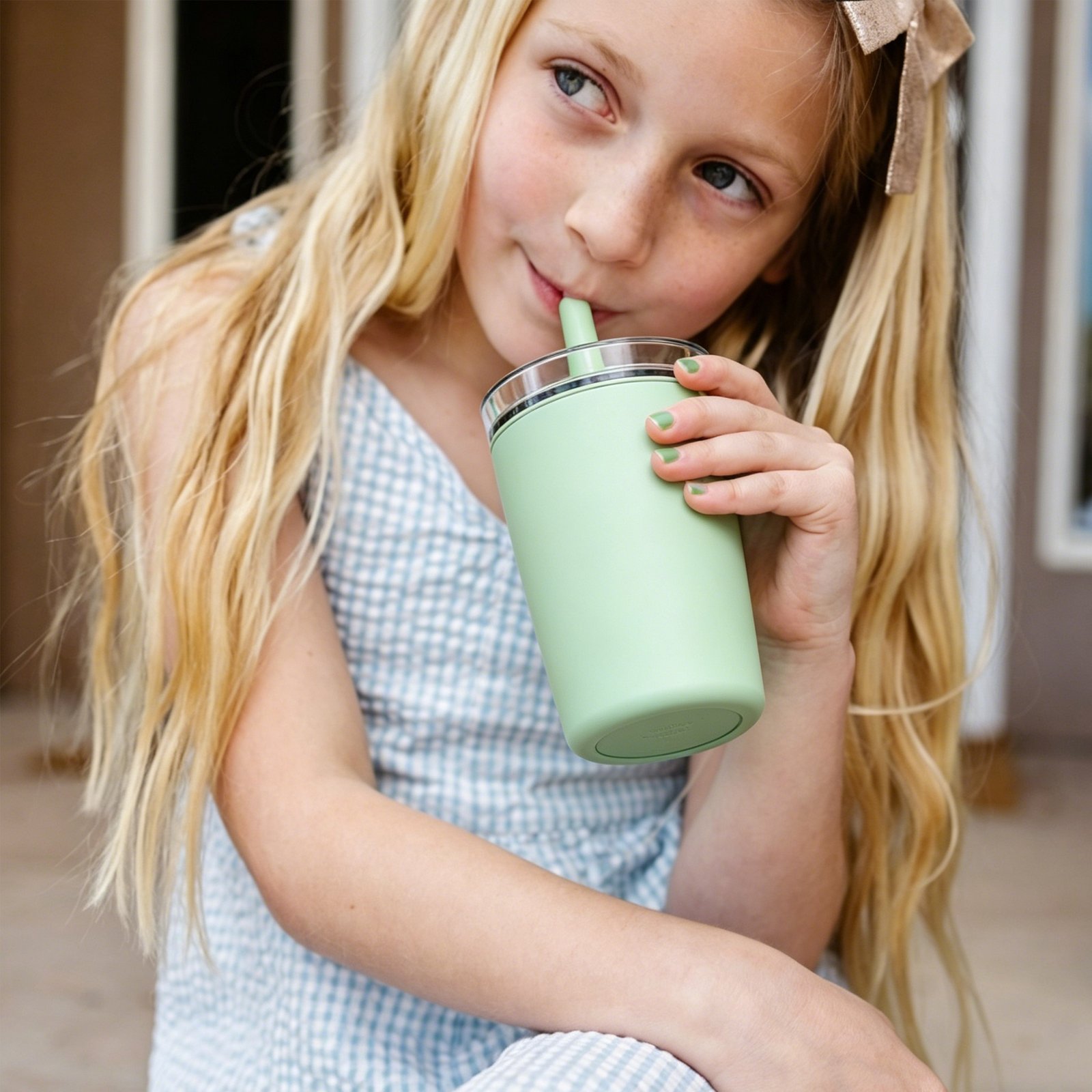 Young girl drinking from a 14oz splash-proof insulated tumbler with a clear lid.